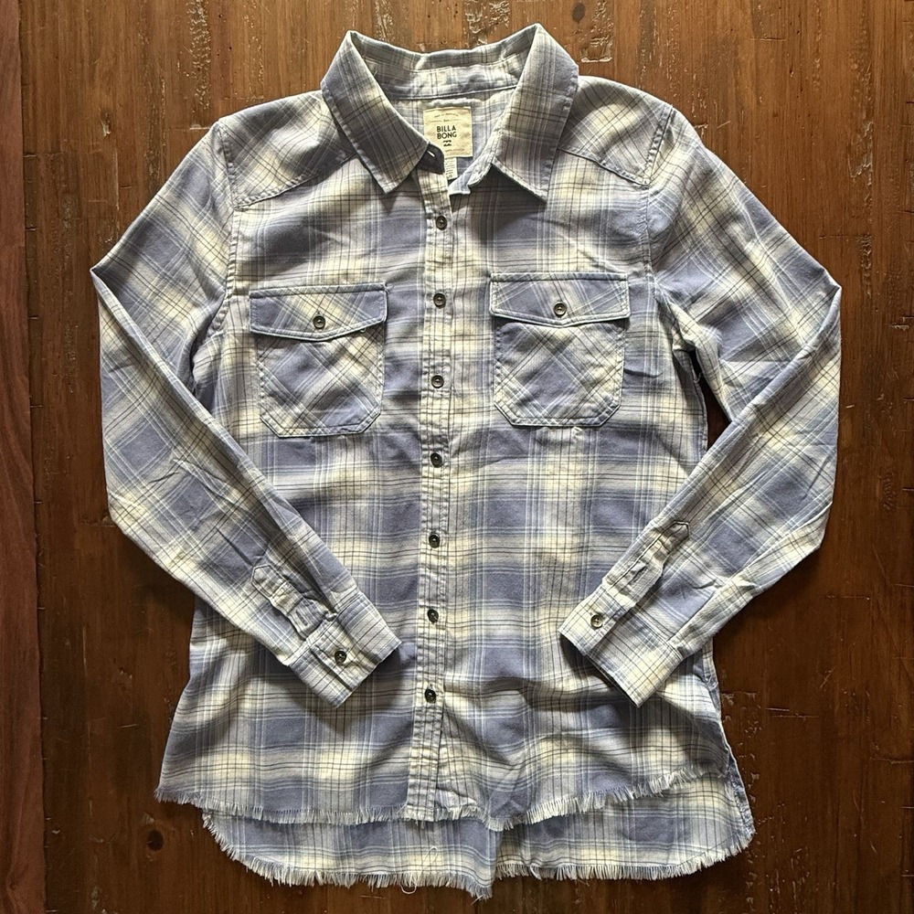 Billabong Womens Flannel L Blue Plaid Frayed Hem Boho Surf Tunic NWOT Soft